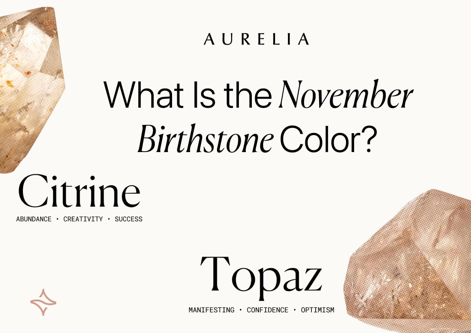 Close-up image featuring raw golden Citrine and Topaz crystals with the text "What is the November Birthstone Color?" and the keywords Abundance, Success, Manifesting, and Optimism.