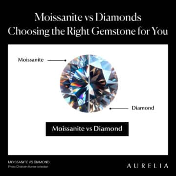 Side-by-side comparison of a Moissanite gemstone and a Diamond gemstone. Both stones are shown in a close-up view to highlight their brilliance, cut, and clarity, with the Moissanite on the left and the Diamond on the right.
