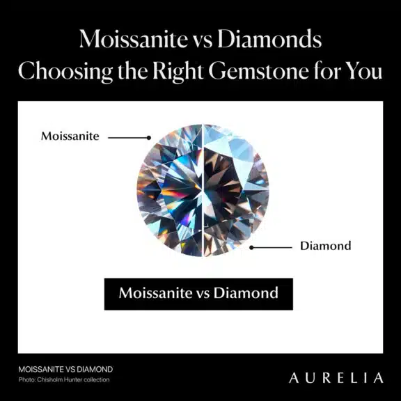 Side-by-side comparison of a Moissanite gemstone and a Diamond gemstone. Both stones are shown in a close-up view to highlight their brilliance, cut, and clarity, with the Moissanite on the left and the Diamond on the right.