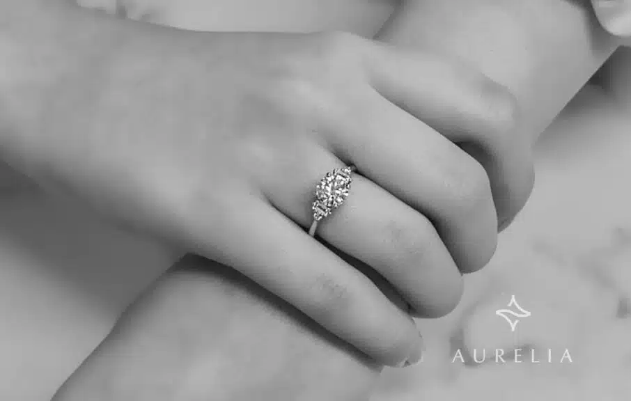 Moissanite ring on a model's hand