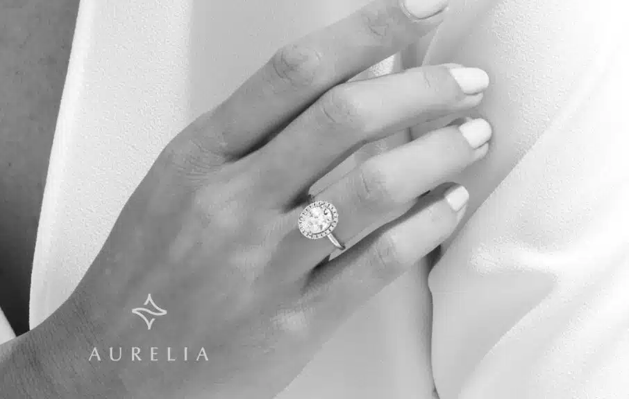 moissanite ring showing on a model's hand