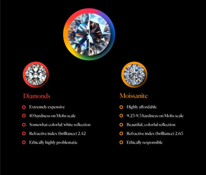 Moissanite vs diamond comparison chart showing differences in price, hardness, refractive index, and ethical considerations.