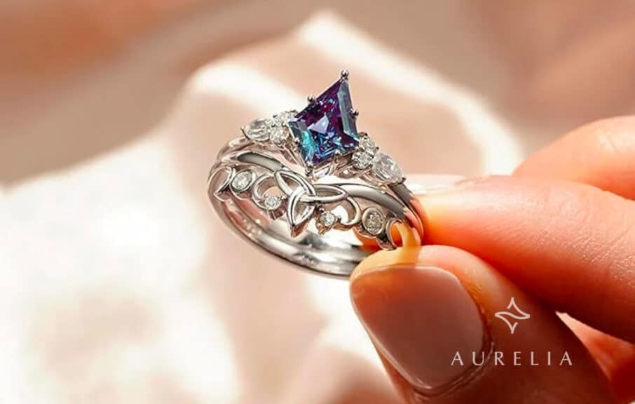 Alexandrite and Moonstone Engagement Ring in Sterling Silver with Kite Cut Design