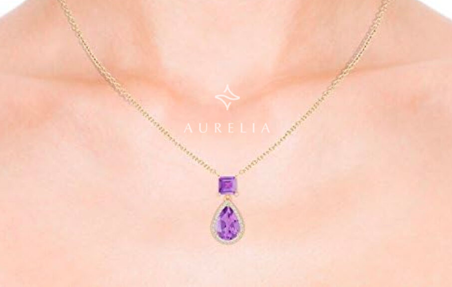 Angara Natural Amethyst Halo Pendant Necklace in Yellow Gold, February Birthstone, Elegant Jewelry Gift for Her