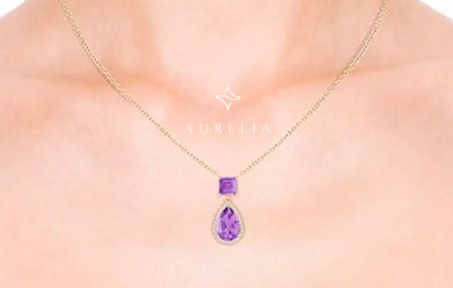 Angara Natural Amethyst Halo Pendant Necklace in Yellow Gold, February Birthstone, Elegant Jewelry Gift for Her