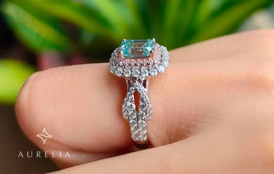 DovEggs Moissanite Engagement Rings for Women 1ct 5x7mm Elongated Emerald Cut Moissanite Peacock Blue Lab Grown Double Halo Split Shank Engagement Ring Moissanite&Sapphire accents Sterling Silver