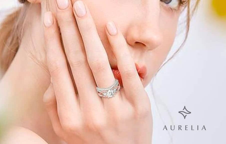 Jeulia Two Tone Rings for Women Rose Gold Three Stone Round Cut Engagement Rings Sterling Silver Halo Bridal Ring Set Anniversary Promise Wedding Ring with Jewelry Gift Box