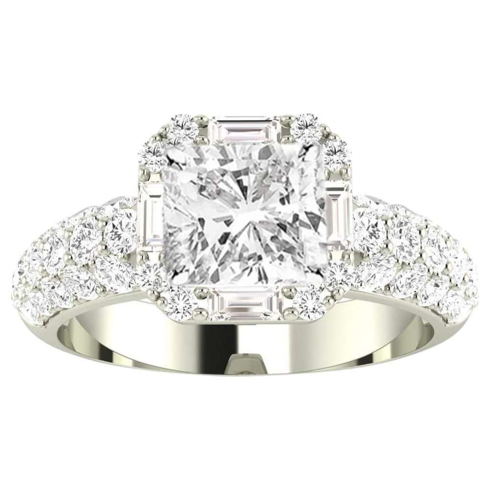 14K White Gold 1.75-4.75 Carat LAB GROWN DIAMOND Designer Popular Halo Style Baguette And Pave Set Round Cushion Cut Diamond Engagement Ring
