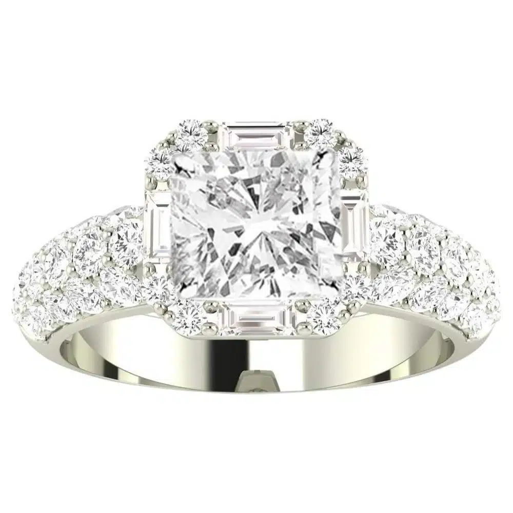 14K White Gold 1.75-4.75 Carat LAB GROWN DIAMOND Designer Popular Halo Style Baguette And Pave Set Round Cushion Cut Diamond Engagement Ring