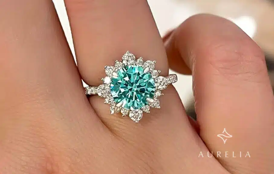 Cyan Blue Moissanite Engagement Ring with Halo Flower Design