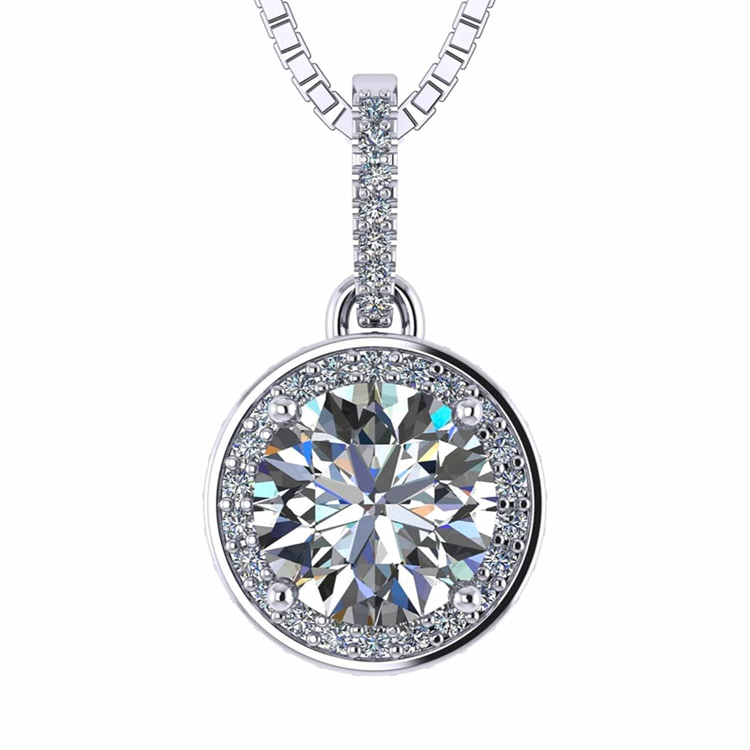 Round Simulated Diamond Solitaire Necklace/Pendant- Double Halo from 1 to 3 carat center- Sterling Silver