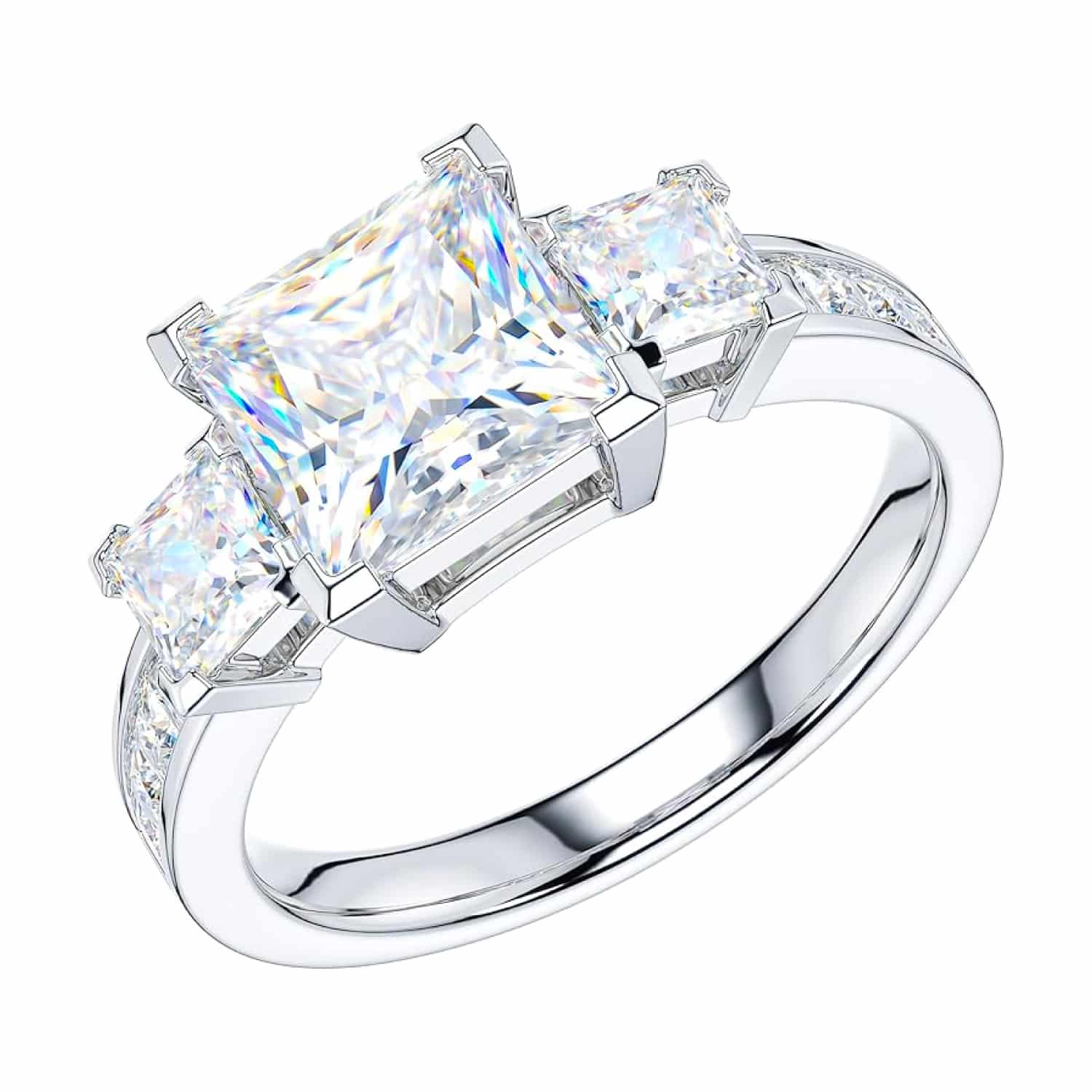 THELANDA Genuine Moissanite or Simulated Center 1.5CT Diamond Sterling Silver Three Stone Style All Princess Cut Side Stones Promise Engagement Ring