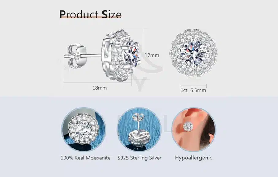 JIEKAYUAN 2CT Moissanite Stud Earrings for Women with D Color VVS1 Clarity in 925 Sterling Silver