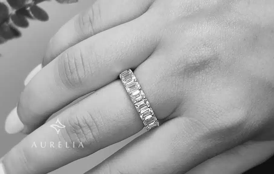 4 Carat Lab Grown Emerald Cut Diamond Eternity Wedding Band in White Gold