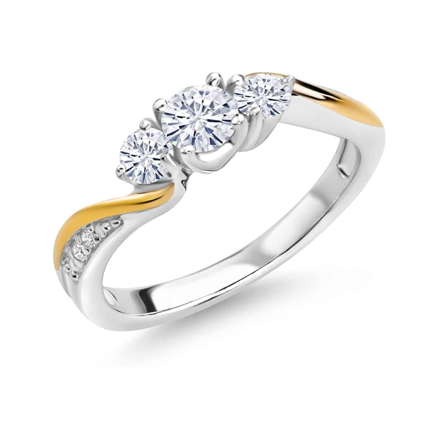 Gem Stone King 925 Sterling Silver and 10K Yellow Gold White Moissanite and White Lab Grown Diamond 3 Stone Engagement Ring For Women | 0.46 Cttw | Available In Size 5, 6, 7, 8, 9