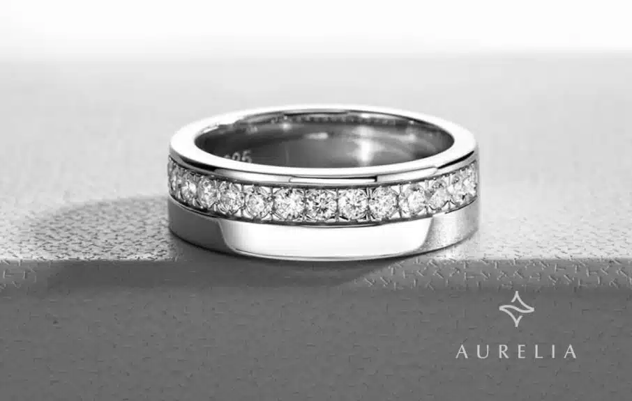 AnuClub Moissanite Half Eternity Wedding Band for Men in Sterling Silver with D Color Moissanite