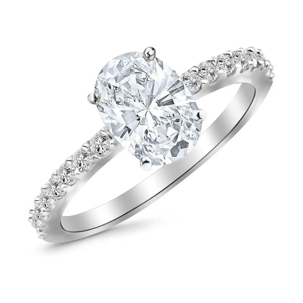 Classic Side Stone Pave Set Oval Cut Diamond Engagement Ring