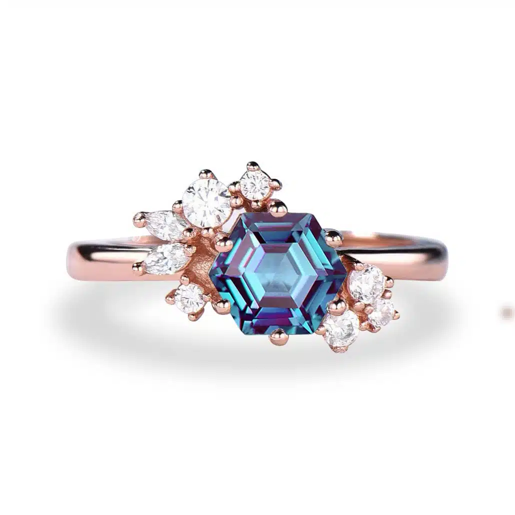 1ct Hexagon Cut Cluster Alexandrite Ring Vintage Flower Cluster Moissanite Ring 10K/14K/18K Rose Gold