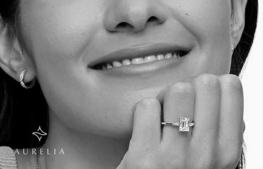 14K White Gold Lab-Grown Diamond Engagement Ring with Round and Baguette Cuts