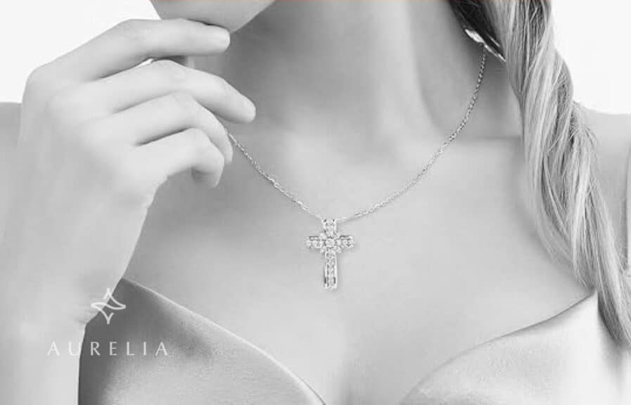 Christian Moissanite Cross Pendant Necklace in S925 Sterling Silver and 18K White Gold