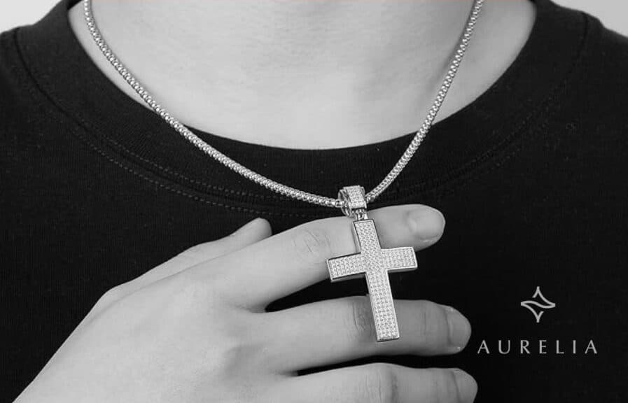 HMJ Moissanite Cross Pendant Necklace in S925 Sterling Silver with 18K White Gold Plating