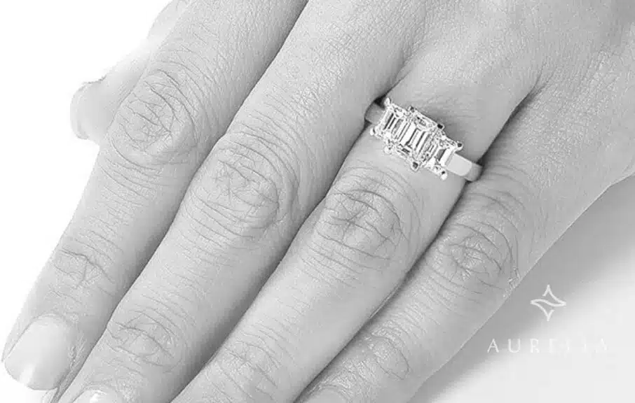 Kobelli 2 3/4 CTW Emerald Cut Moissanite Three-Stone Engagement Ring in 14K Yellow Gold