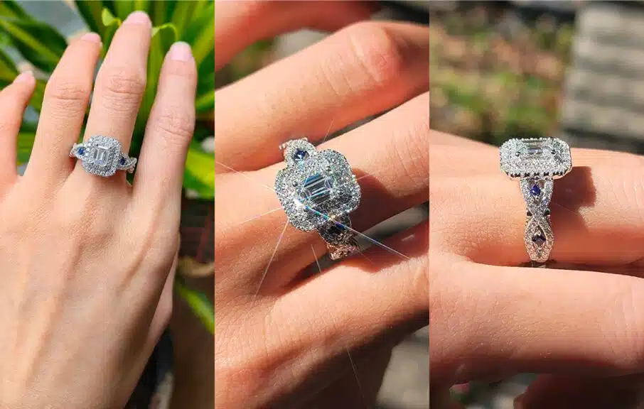 DovEggs 2.4CTW Emerald Cut Moissanite Engagement Ring with Blue Sapphire and Double Halo in Sterling Silver