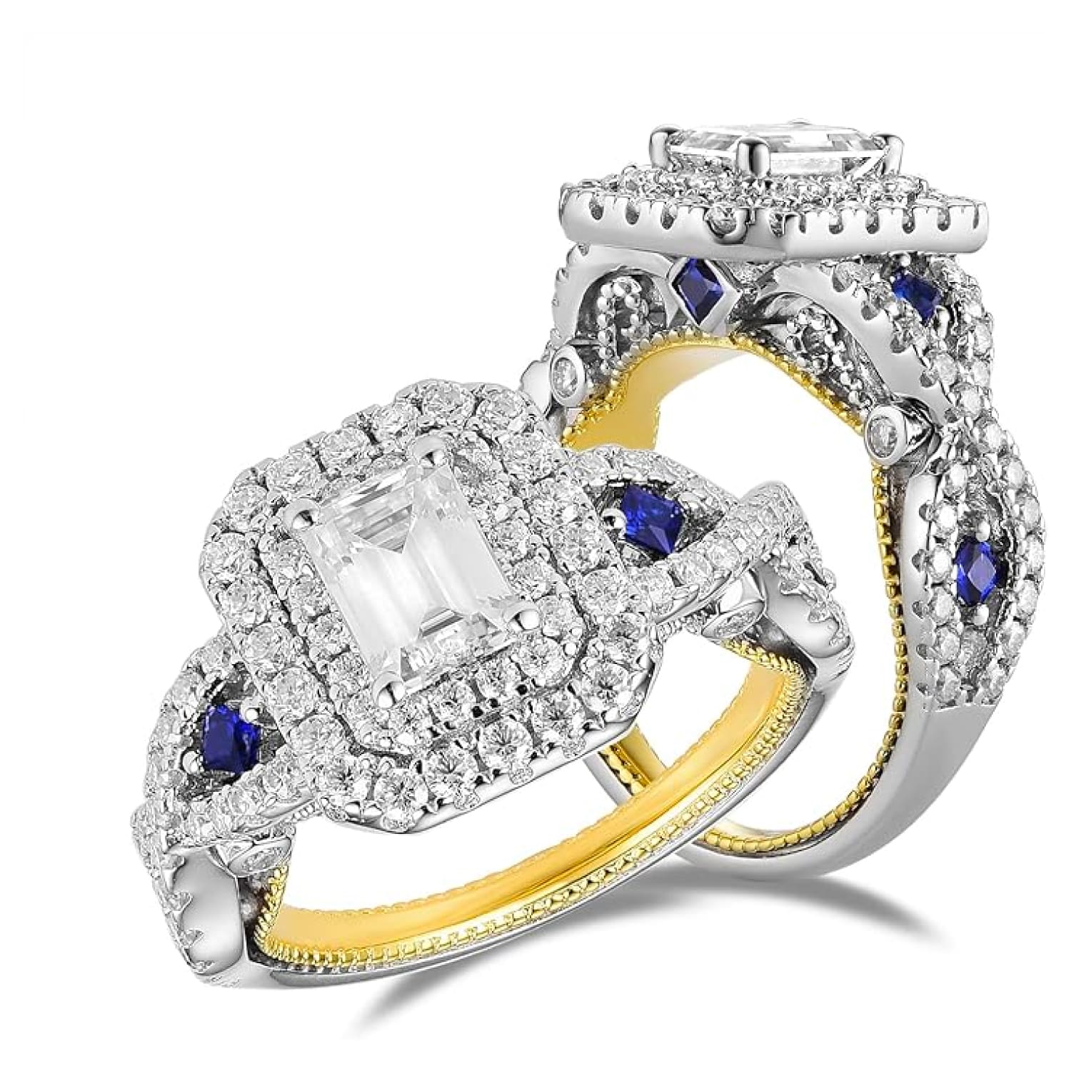 DovEggs Emerald Cut Moissanite Double Halo Ring