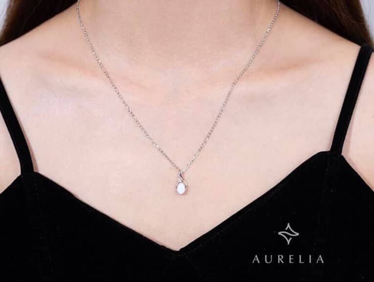 FANCIME 14K White Gold Oval Opal Pendant Necklace with Diamond Accent and Sterling Silver Chain