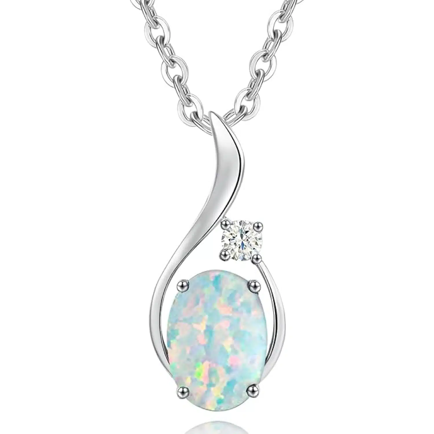 FANCIME 14K White Gold Opal Pendant Necklace