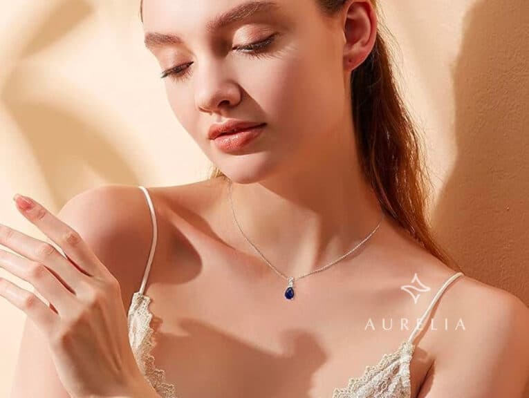 FANCIME 14K White Gold Pear-Shaped Sapphire Pendant Necklace with Diamond Accent on Sterling Silver Cable Chain