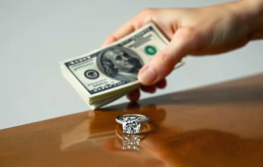 A shiny diamond ring placed on a sleek, reflective wooden table. A hand holding a stack of crisp, hundred-dollar bills is shown across from the ring. The background is minimalist with soft lighting, emphasizing the sparkle of the diamond and the contrast of money.