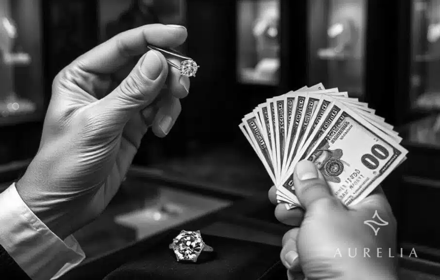 A jeweler's hands using tweezers to delicately hold a brilliant diamond above a velvet mat. In the background, another hand extends a fan of hundred-dollar bills toward the jeweler, symbolizing a transaction. The setting is a classic jewelry shop with elegant decor.