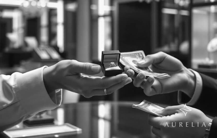 Two people sitting at a table: one holding out a diamond ring box, the other holding cash. The setting is an upscale boutique, with elegant decor and jewelry pieces in the background. The focus is on the exchange of value between the two hands.