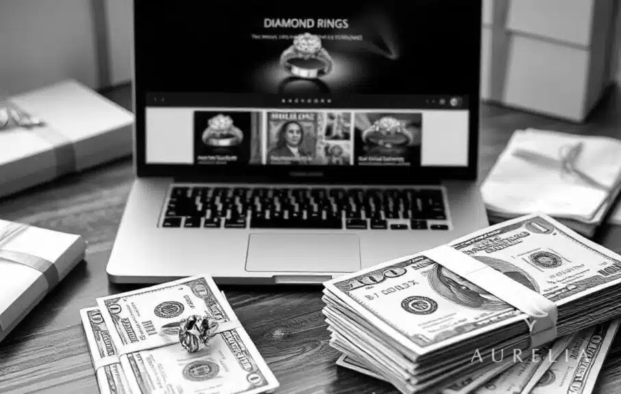 A laptop displaying a website selling diamond rings is on a desk. Next to the laptop is a diamond ring and a stack of hundred-dollar bills, suggesting an online jewelry transaction. The background includes luxury jewelry packaging and shipping materials.