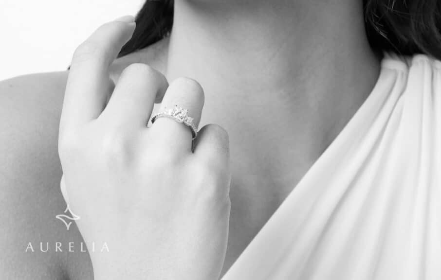 This image showcases the beauty of a moissanite engagement ring, emphasizing its diamond-like brilliance.