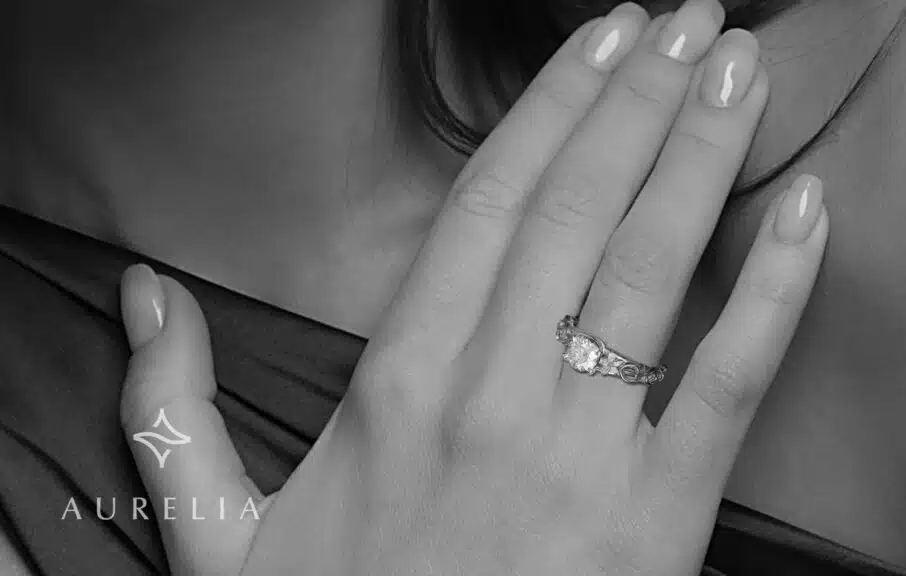 This image showcases the beauty of a moissanite engagement ring, emphasizing its diamond-like brilliance.