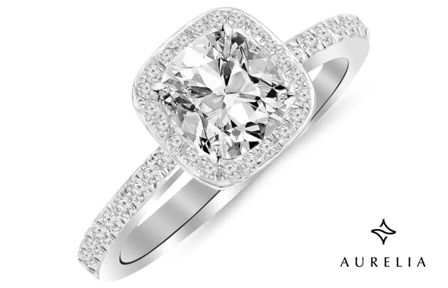 Houston Diamond District 1 Carat Moissanite Diamond Engagement Ring in 14K White Gold with Cushion Shape and Halo Design