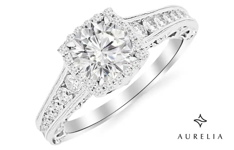 Houston Diamond District Moissanite Engagement Ring with Side Diamonds, G-H Color SI1-SI2 Clarity, Conflict-Free Diamonds