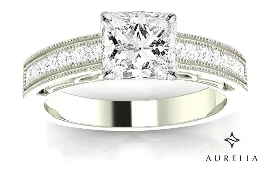 2 Carat Princess Cut Moissanite Diamond Engagement Ring in 14K White Gold with Milgrain and Channel Set Diamonds