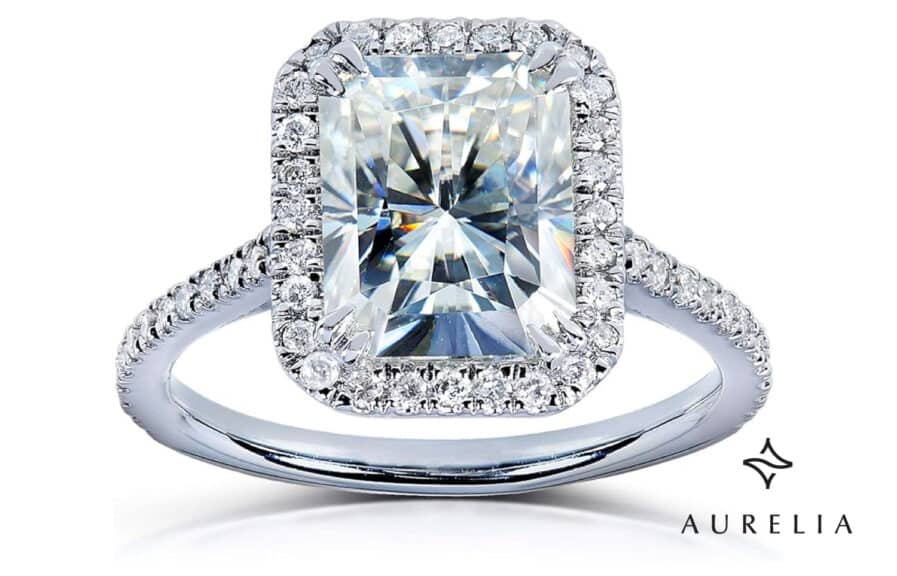 Kobelli 3 Carat Radiant-Cut Moissanite Engagement Ring with Halo Design in 14K White Gold