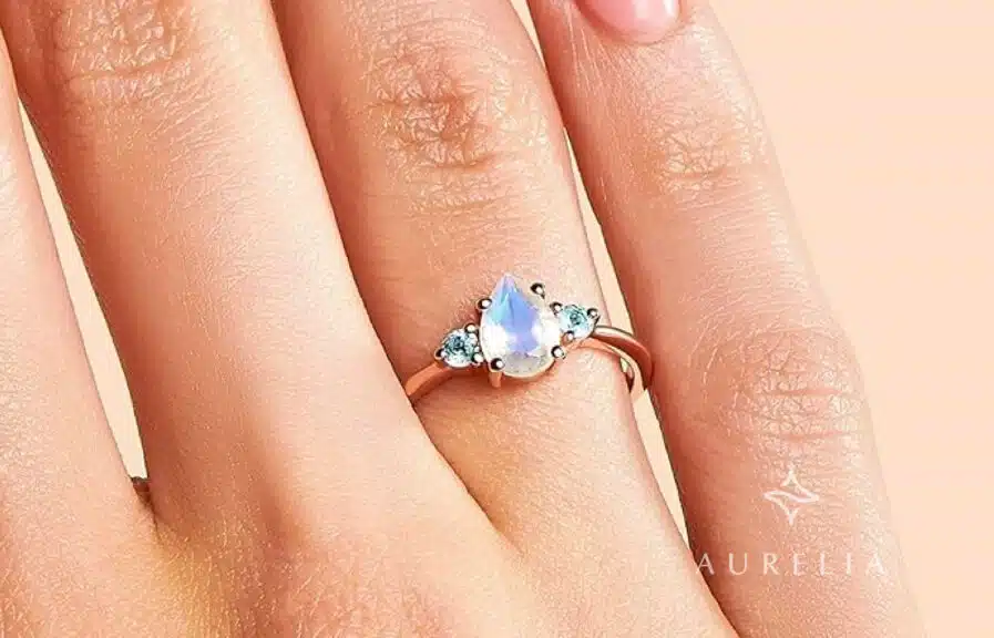 Moon Magic Rainbow Moonstone Ring in 18k Rose Gold Vermeil with Blue Topaz Accent