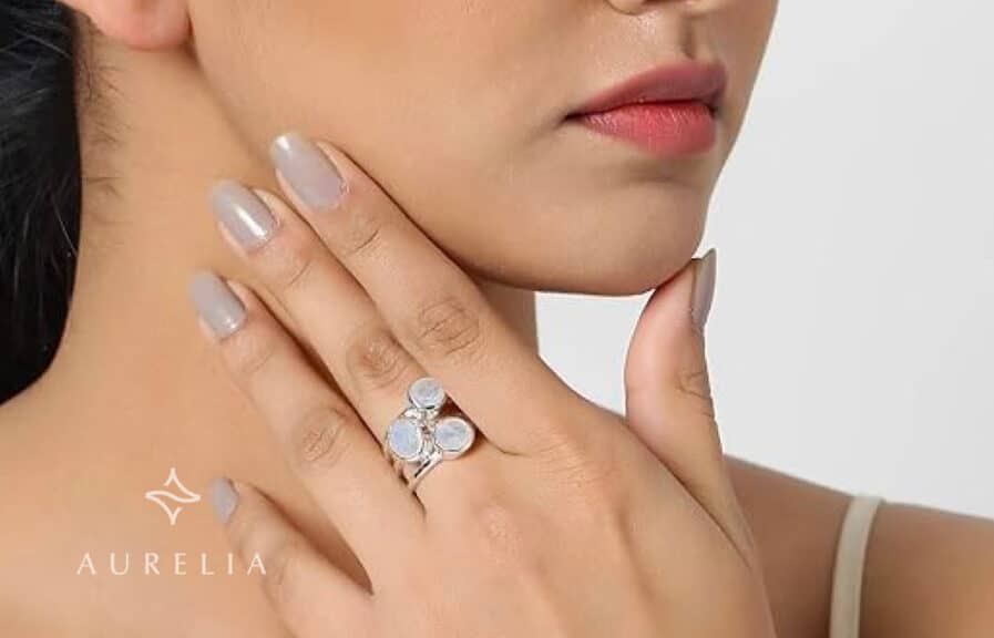 YoTreasure Three-Stone Rainbow Moonstone Ring in Sterling Silver 