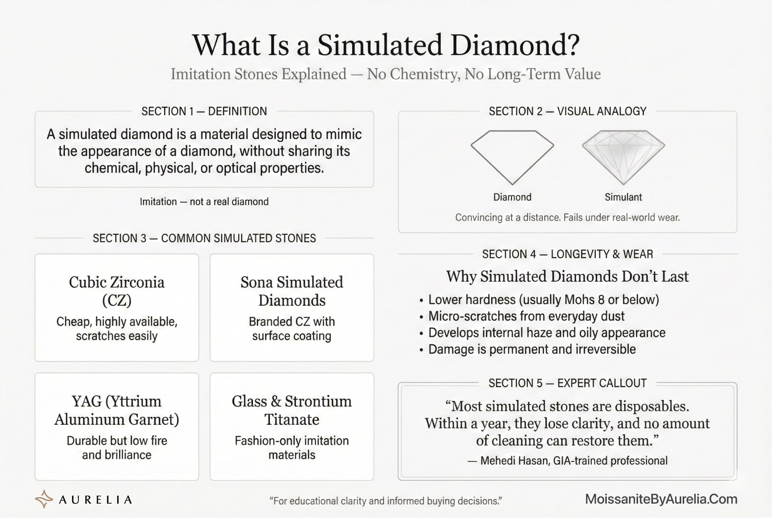 An educational infographic titled "What Is a Simulated Diamond?". It defines simulants as imitations (CZ, Sona, YAG, Glass) that lack diamond chemistry. It explains why they don't last: lower hardness, micro-scratches, and irreversible cloudiness. It features an expert callout: "Most simulated stones are disposables."