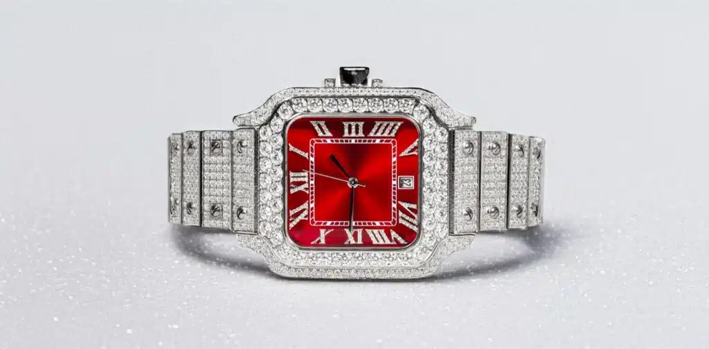 Moissanite Watch with VS Diamond Stones and Red Dial in Stainless Steel