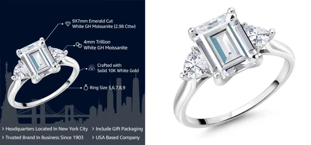 Gem Stone King 10K White Gold Moissanite 3-Stone Engagement Ring with Emerald and Trillion Cuts