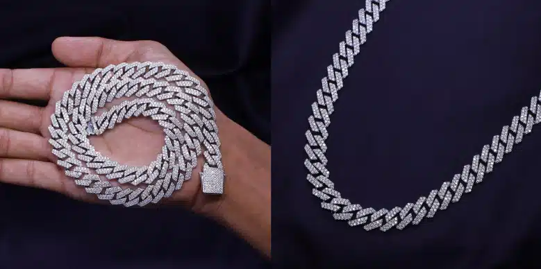 25-Carat Moissanite Cuban Link Chain Necklace with VVS1 Clarity in White Gold Plated Silver