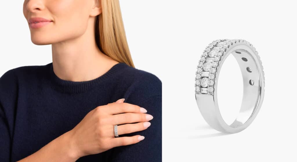 Triple Row Pave & Alternating Baguette/Round Ring In 14K White Gold (1 Ct)