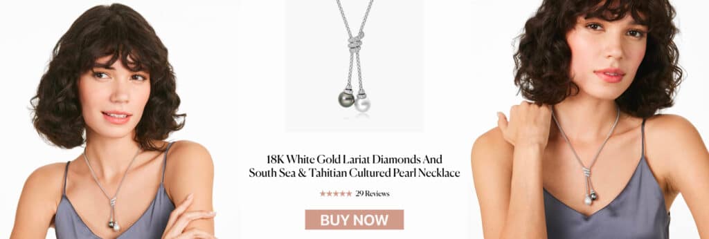 18K White Gold Lariat Diamonds And South Sea & Tahitian Cultured Pearl Necklace