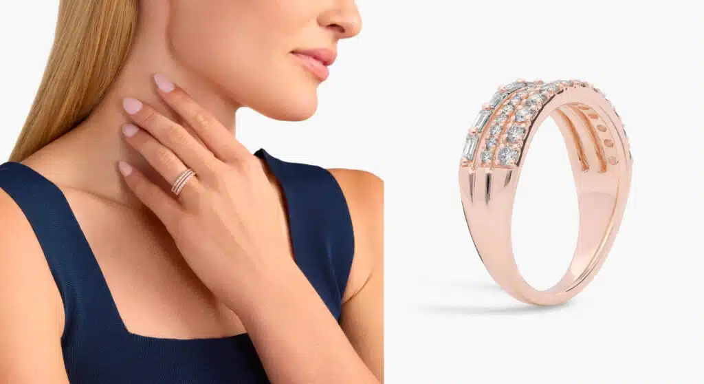 Three Row Baguette And Pave Diamond Ring In 14k Rose Gold (5/8 Ct. Tw.)